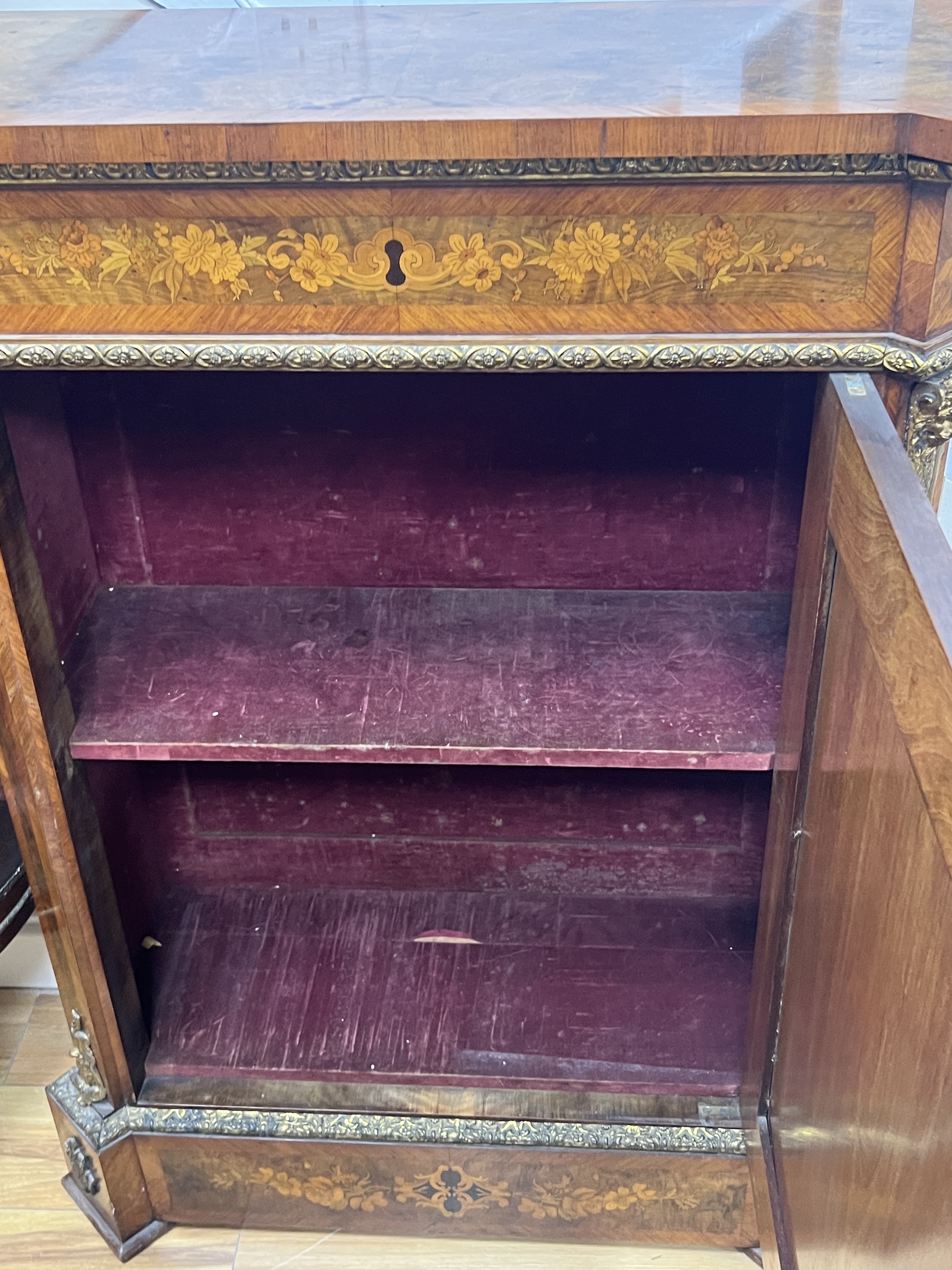 A 19th century marquetry inlaid kingwood banded burr walnut pier cabinet, width 85cm, depth 37cm, height 114cm